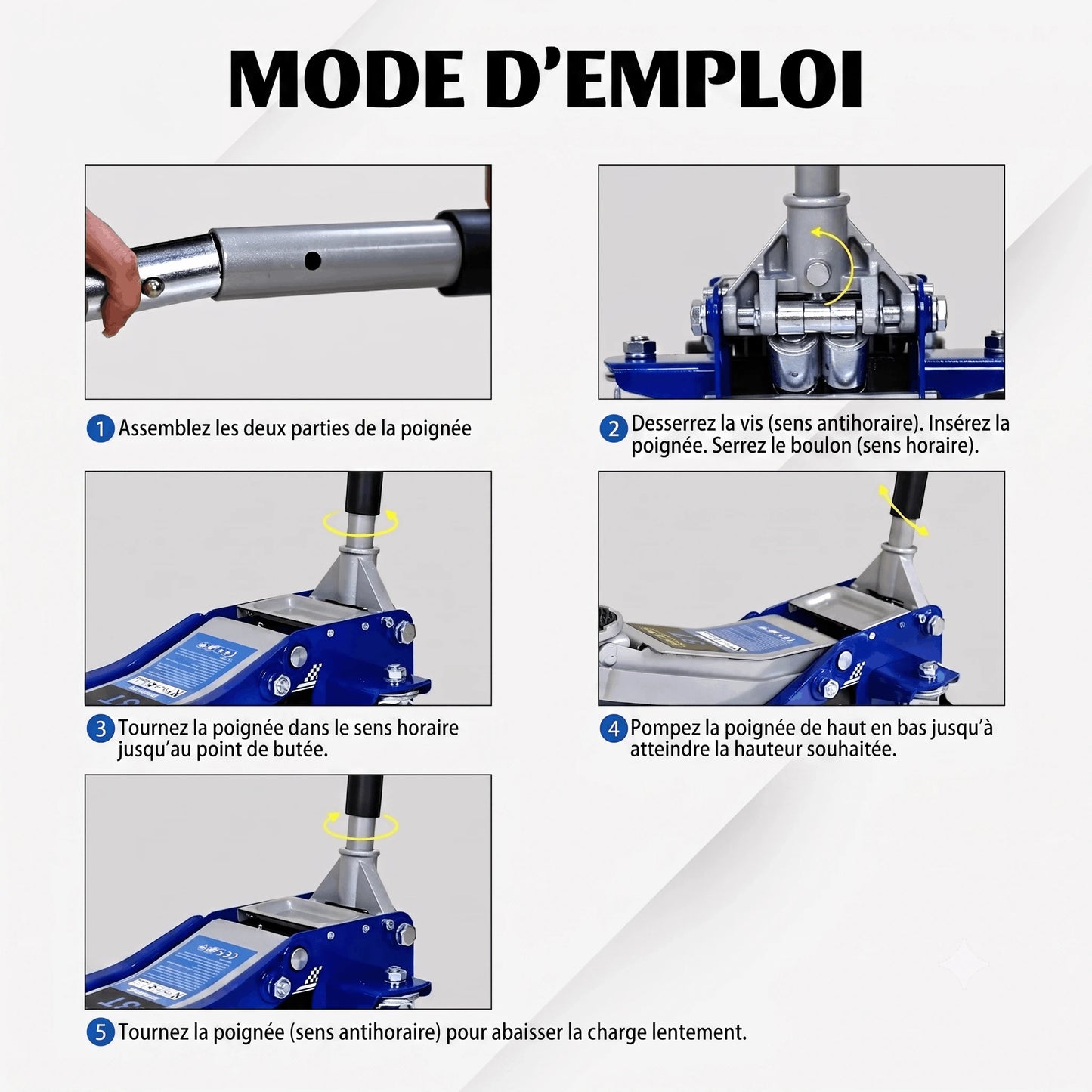 Mode d'emploi en 5 étapes pour utiliser le cric hydraulique 3T extra plat