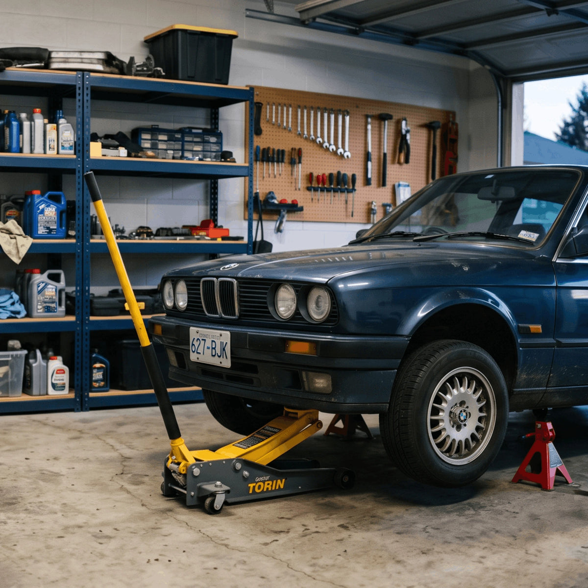 Cric hydraulique positionné sous une voiture dans un garage personnel
