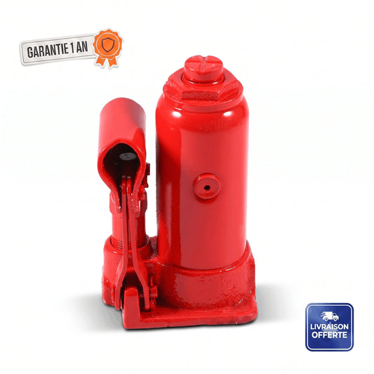 Cric hydraulique bouteille 2 tonnes posé sur le sol d'un garage
