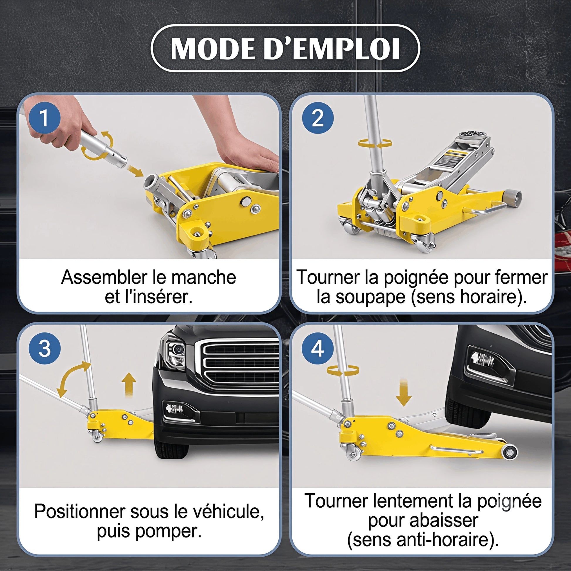 Selle rotative posée sur le point de levage d'un cric hydraulique 4x4