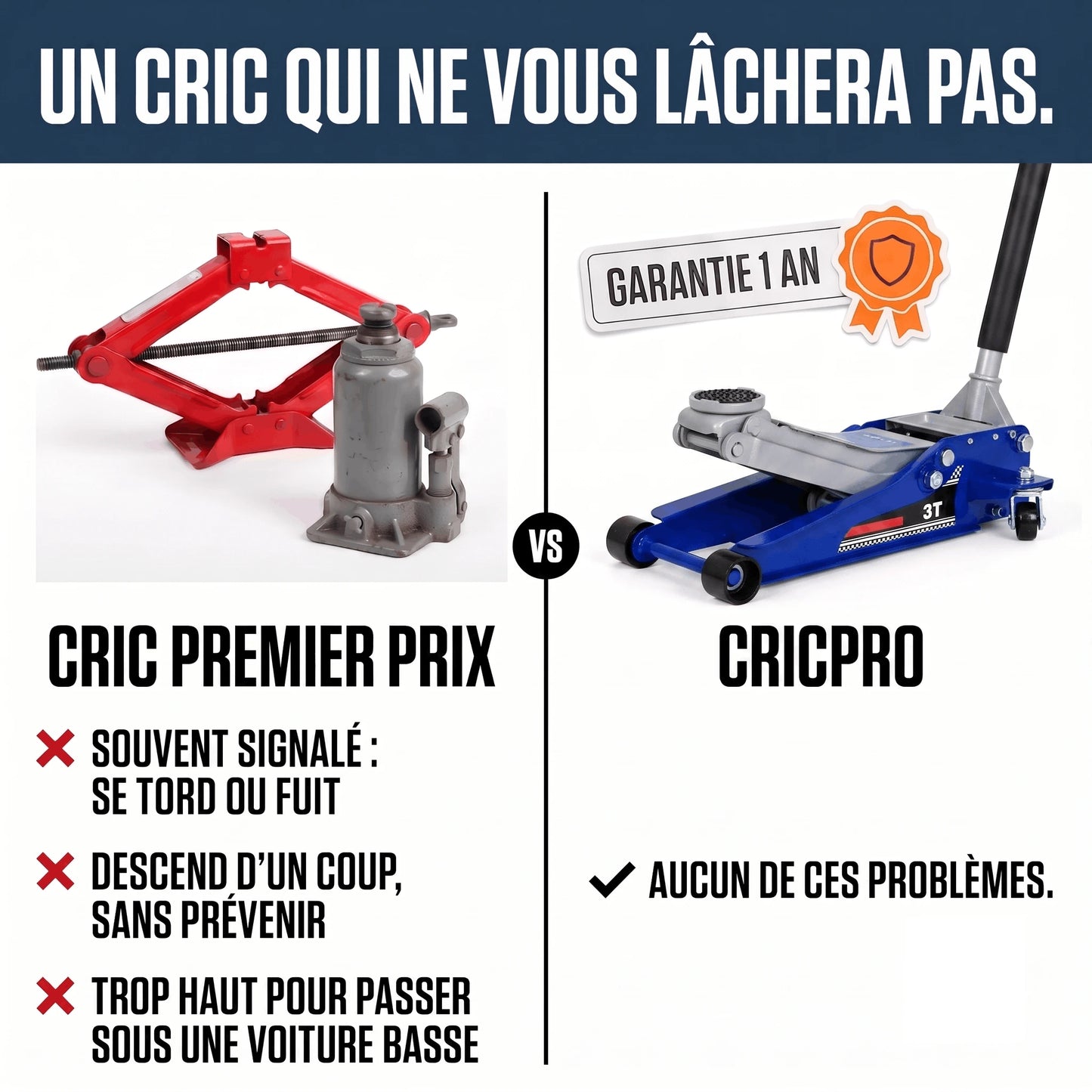 Comparatif visuel entre un cric premier prix et le cric hydraulique 3T extra plat CricPro