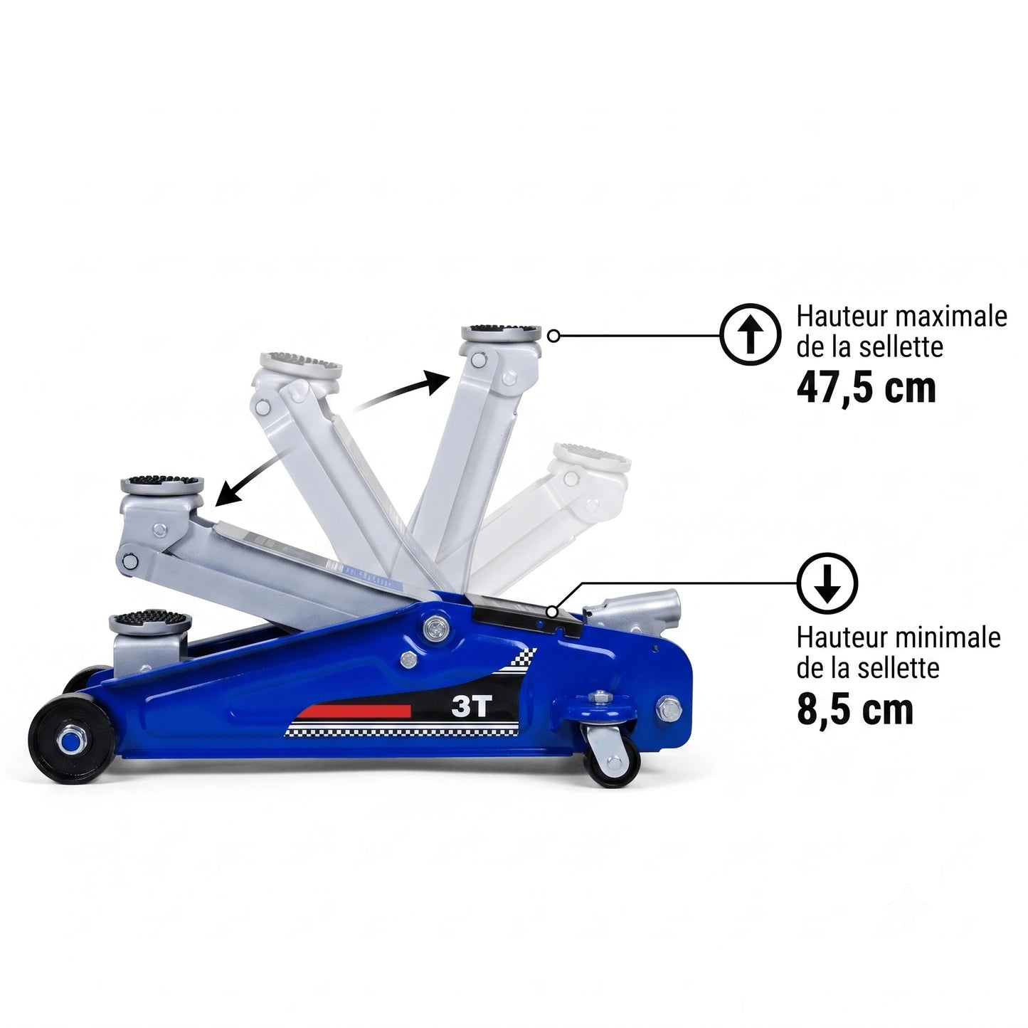 Amplitude de levage du cric CricPro 3T, de la hauteur minimale 8,5 cm à la hauteur maximale 47,5 cm
