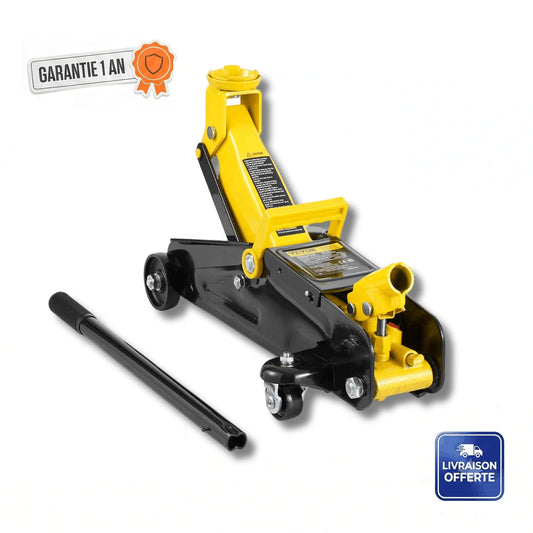 Cric hydraulique roulant 2t professionnel sur ses roulettes dans un garage